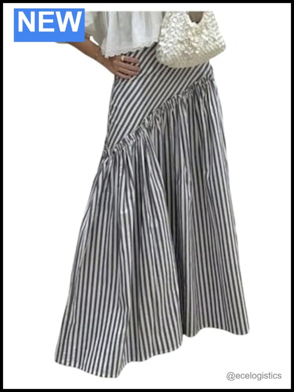 Women's Striped Flowy Maxi Skirt with Ruffled Hem - A-Line Casual Long Skirt